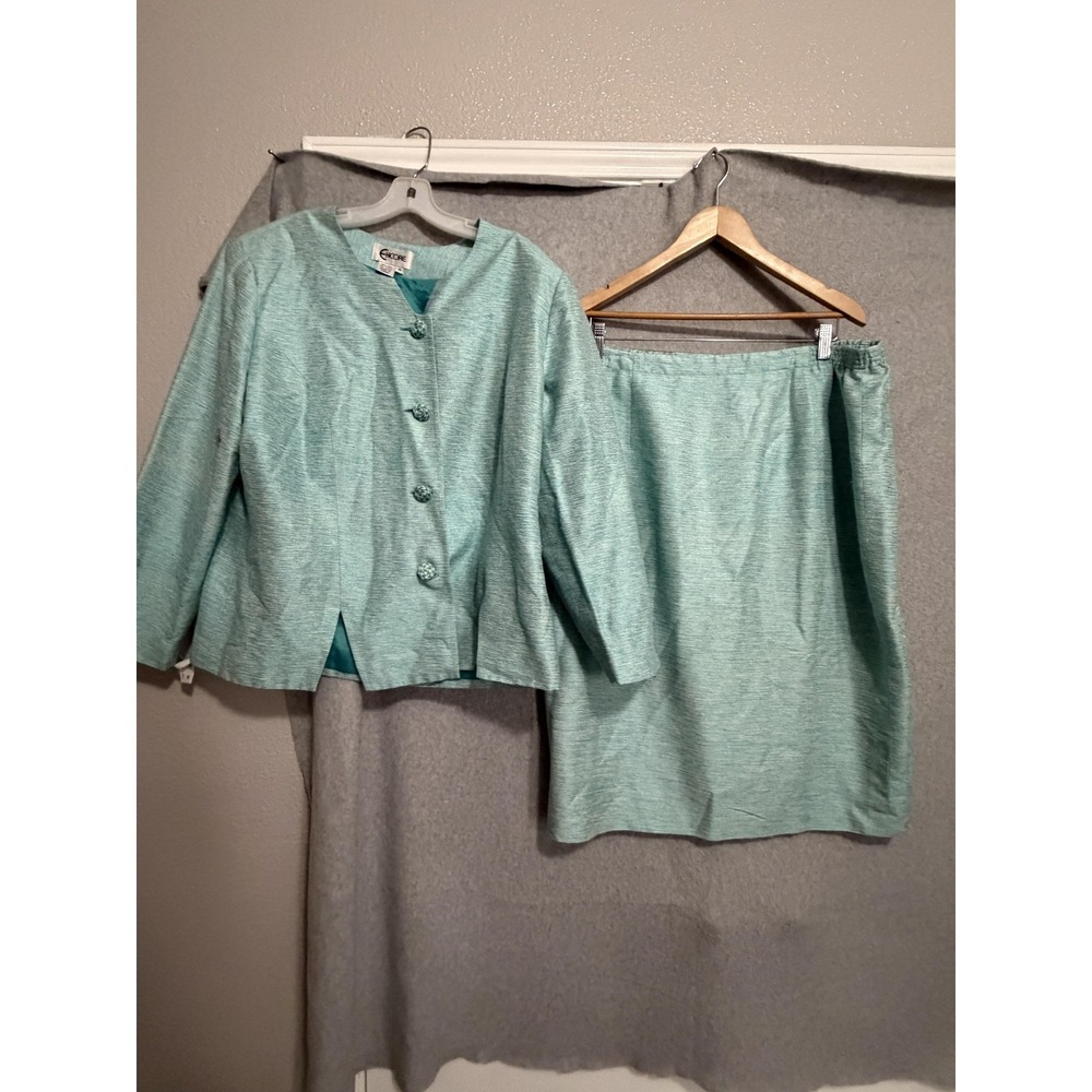 Encore Skirt Suit Womens 18 Blue 100% Silk 2 Piece Formal Set Wedding Party